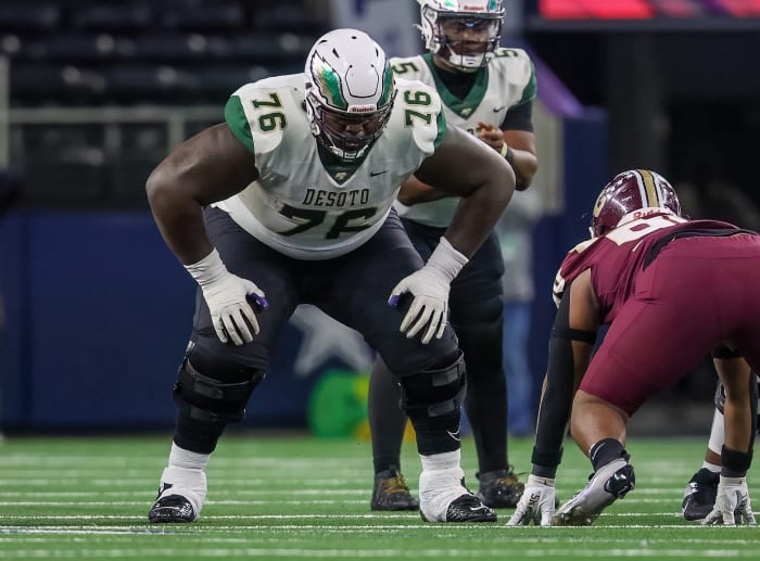 DeSoto's Byron Washington (76) stars down a Summer Creek DL in the UIL 6A Division II state championship.